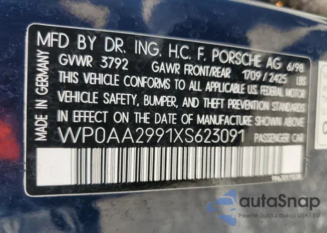 1999 Porsche 911 Carrera z USA, uszkodzony, nr VIN WP0AA2991XS623091